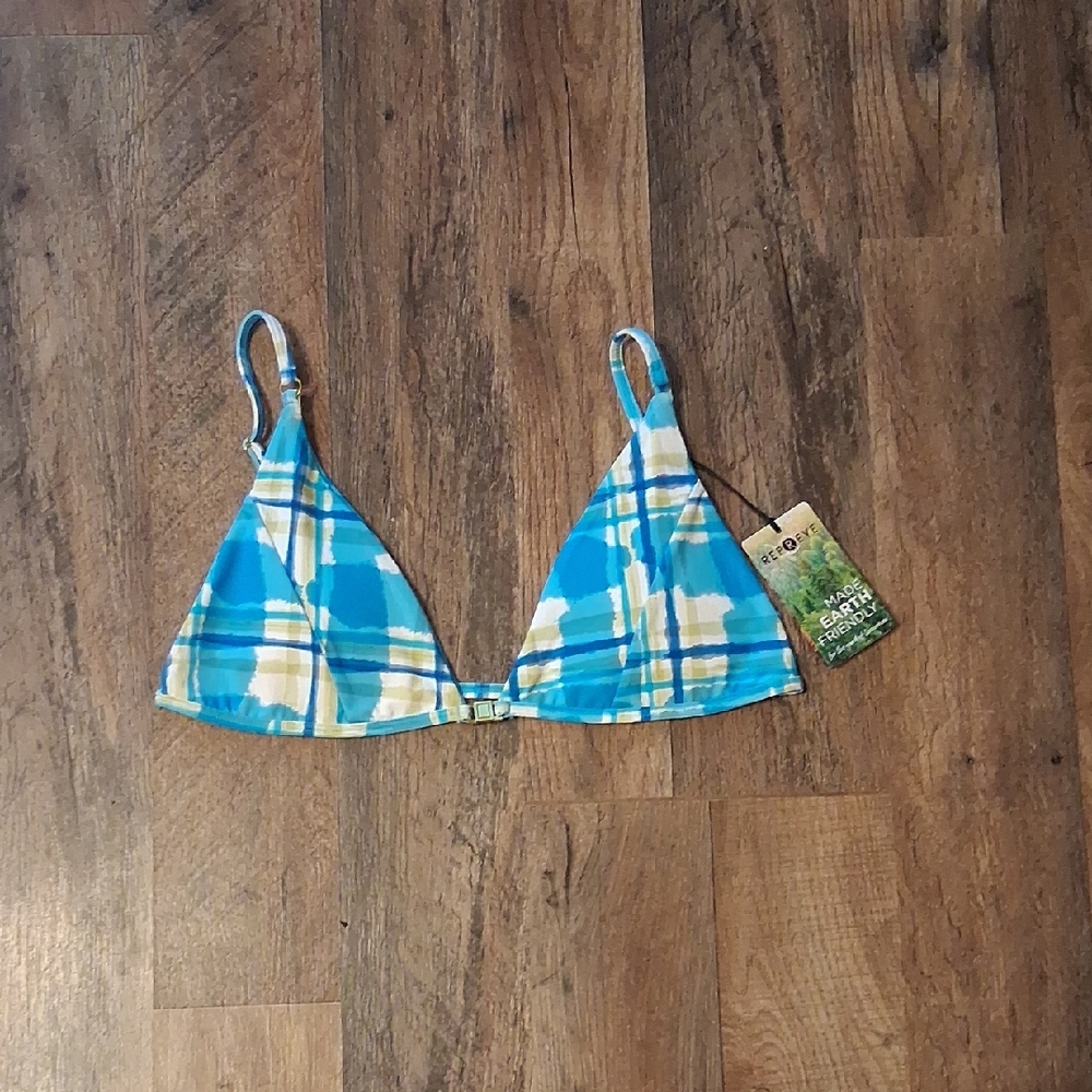 Repreve Womens Blue And Tan Plaid Triangle Bikini Top NWT